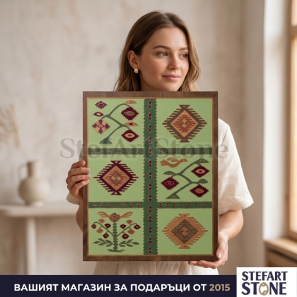 Пано с чипровски мотиви в светлозелено – меки цветни килимени орнаменти, ръчна изработка