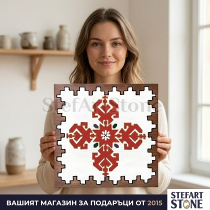 Картина „Знакът на Закрилата" с кръстата шевица – оберег подарък за нов дом с български корени