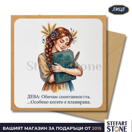 Персонализирана картичка зодия Дева с надпис Спонтанността е планирана
