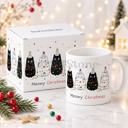 Коледна керамична чаша 330 мл с котки и надпис Meowy Christmas до тематична кутия