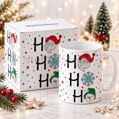 Коледна чаша HO HO HO с Дядо Коледа, снежинка и снежен човек до тематична кутия