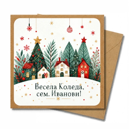 Персонализирана коледна картичка с цветни къщички, украсени елхи, надпис „Весела Коледа, сем. Иванови!“ и кафяв плик.