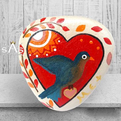 Рисувано Камъче 22 птица и сърце