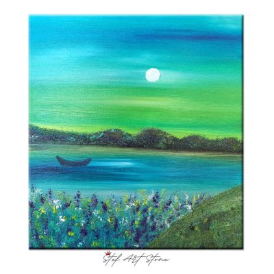 Вълшебен пейзаж с лодка, картина с маслени бои 35х32