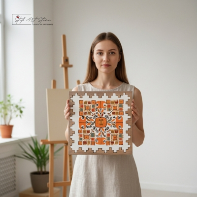 Ръчно рисувана картина с шевица Елбетица – акрил върху дърво, 25×25 см