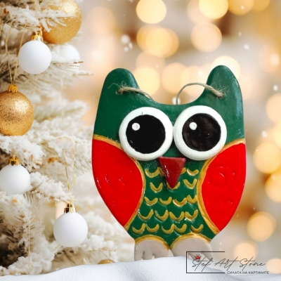 Коледна украса за елха и стена Бухал в зелено
