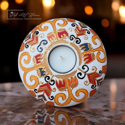 Свещник за чаена свещ с българска шевица ръчна изработка