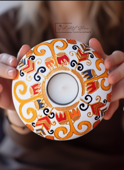 Свещник за чаена свещ с българска шевица ръчна изработка