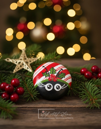 Коледна декорация Рисуван камък Калинка с имел