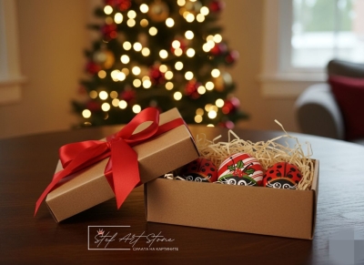 Опаковака на подарък за коледа Калинка с имел - рисуван камък за декорация