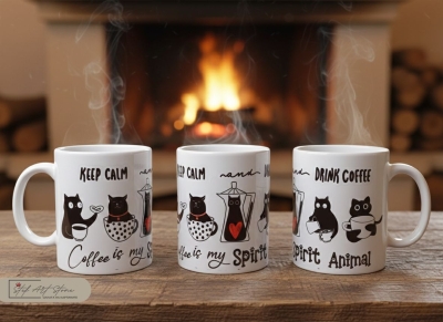 Забавна чаша с надпис Coffee is my spirit animal и черни котки - три ъгъла.