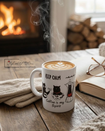 Бяла чаша за подарък с котка в кафеварка върху дървена маса