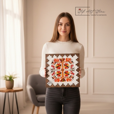 Голяма картина с шевица Златна Хармония, държана в ръце - Етно серия Традиция