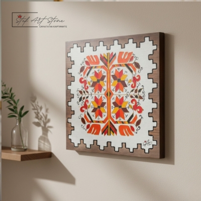 Детайл на ръчно изработена картина от дърво с шевица Златна Хармония и рустик борд