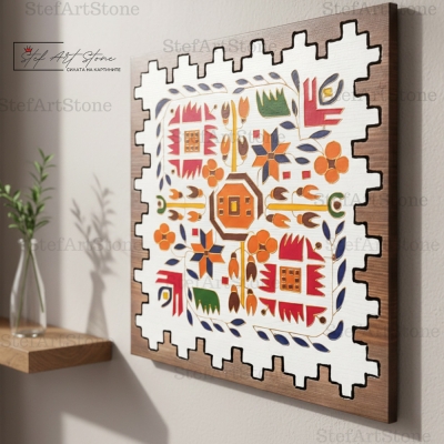 Ръчно рисувана картина от дърво с Дупнишка шевица на стена - Серия Традиция