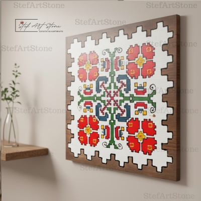 Детайл на картина Цъфтяща Елбетица с рустик борд на стената