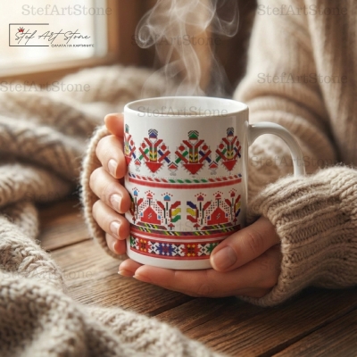 Уютна зима: Ръце държат керамична чаша с българска шевица и горещ чай