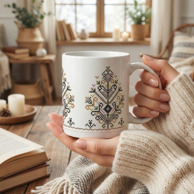 Ръце държат чаша с българска шевица в земни тонове