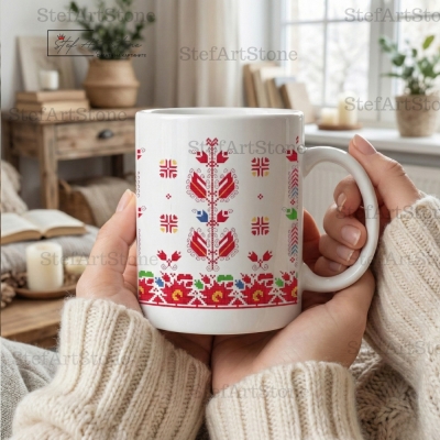 Близък план на керамична чаша с флорален мотив от Трънско