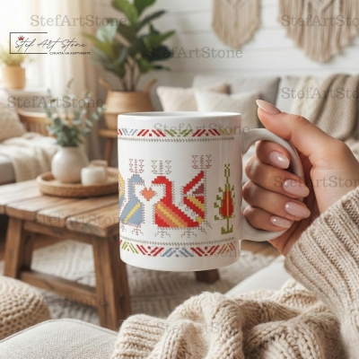 Жена държи чаша с българска шевица за защита от уроки