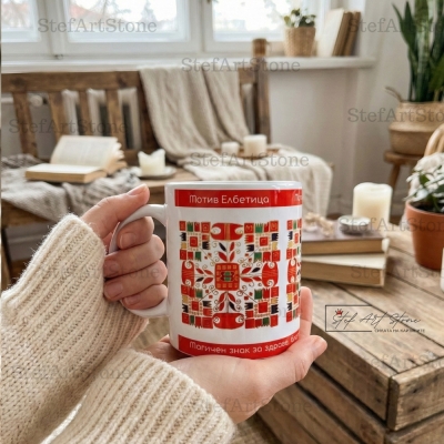 Свежа чаша с българска шевица и послание за здраве в ръце