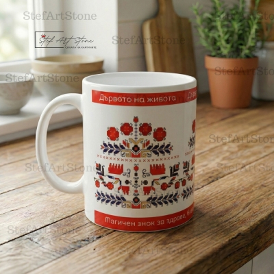 Авторска чаша с надпис Дървото на живота и шевица