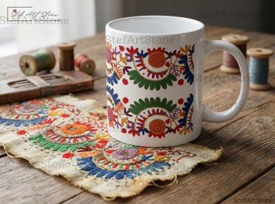 Керамична Чаша с Българска Шевица "Слънчева Спирала" – Възроден Автентичен Мотив