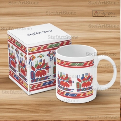 Керамична чаша за кафе с цветна Самоковска шевица