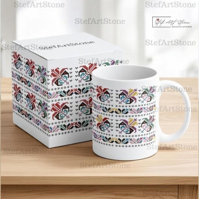 Керамична Чаша с Пъстра Шевица "Пролетен Танц" - Чаши с български шевици