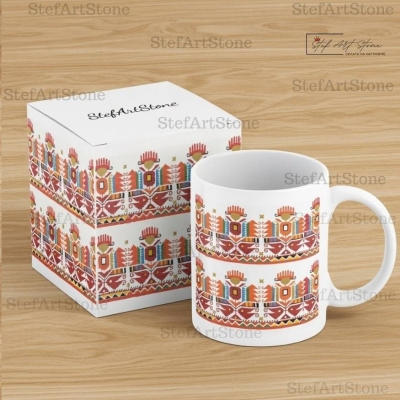 Керамична Чаша с Шевица от Дупница (Станке Димитрово) "Слънчеви Птици" – Чаши с български шевици