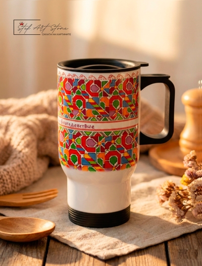 Термо Чаша с Българска Шевица „Здраве, Закрила и Благоденствие“ – 500 мл с Дръжка
