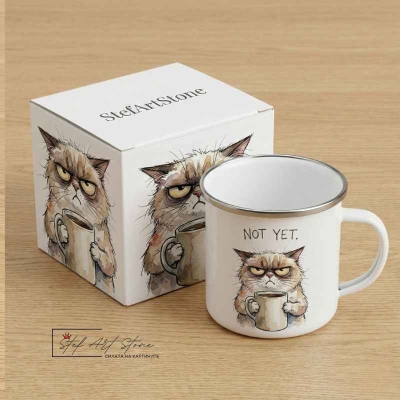 Метално Канче "NOT YET." – Сърдито Коте с Кафе Забавна  Чаша 