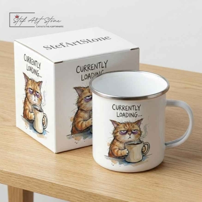 Метално Канче "Currently Loading..." – Сънено Коте  Забавен Подарък