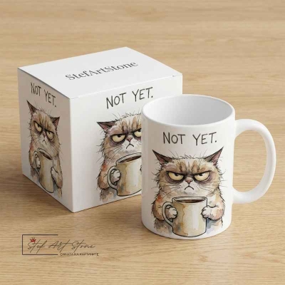 Керамична Чаша "NOT YET." – Сърдито Коте с Кафе |Забавни Чаши за Подарък