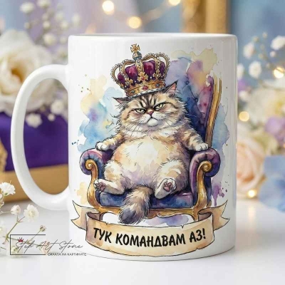 Чаша "ТУК КОМАНДВАМ АЗ!" – Котка с Корона на Трон (Забавен Подарък)