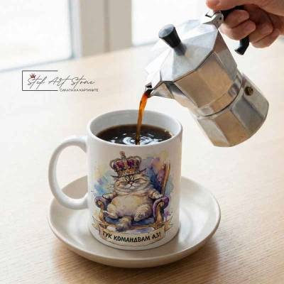 Чаша "ТУК КОМАНДВАМ АЗ!" – Котка с Корона на Трон (Забавен Подарък)