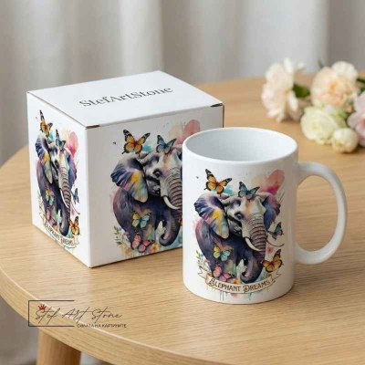 Керамична Чаша "Elephant Dreams" – Слон с Пеперуди (Арт Дизайн)