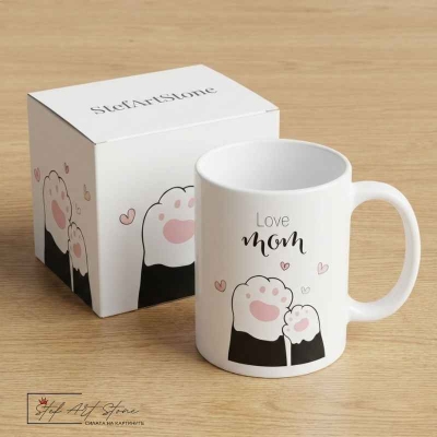 Керамична Чаша "Love Mom" – Котешки Лапички (Подарък за Мама и 8-ми Март