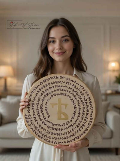 Детайлен поглед върху спираловиден надпис на Глаголица и буква ЯТ върху дървена основа