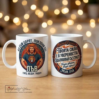 Чаша за мъж зодия Лъв с царски надпис – подарък за лидер