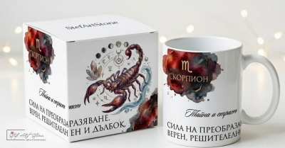 : Акварелна чаша за подарък за рожден ден със зодия Скорпион и кутия