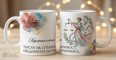 Акварелна чаша за подарък за рожден ден със зодия Везни и кутия