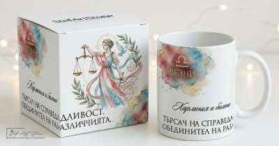 Акварелна чаша за подарък за рожден ден със зодия Везни и кутия