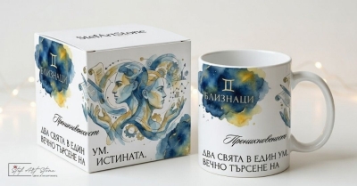 Чаша за Подарък за Рожден Ден – Зодия Близнаци (Акварелни Мотиви с Кутия)