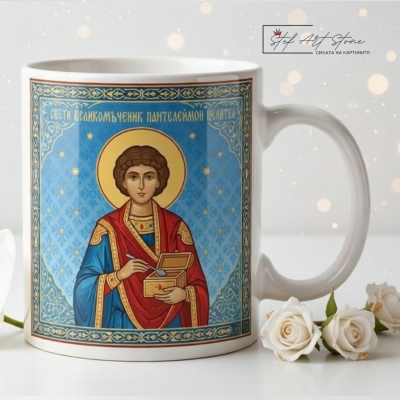 Чаша за подарък с икона на Свети Великомъченик Пантелеймон със сини орнаменти и кутия