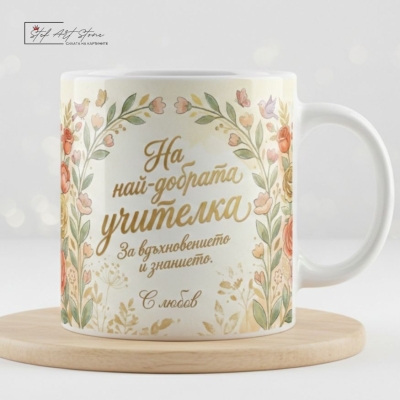 Чаша за подарък за най-добрата учителка с флорален дизайн и подаръчна кутия