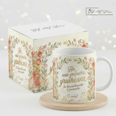 Чаша за подарък за най-добрата учителка с флорален дизайн и подаръчна кутия