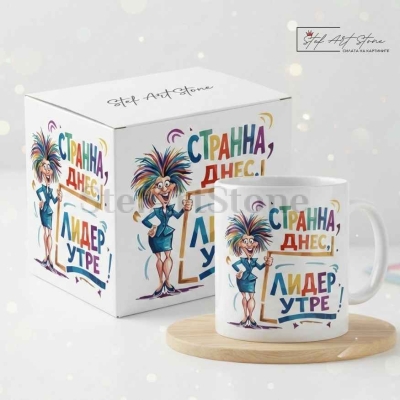 Забавна чаша за подарък за колежка с надпис странна днес лидер утре в кутия