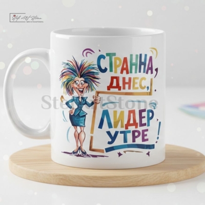 Забавна чаша за подарък за колежка с надпис странна днес лидер утре в кутия