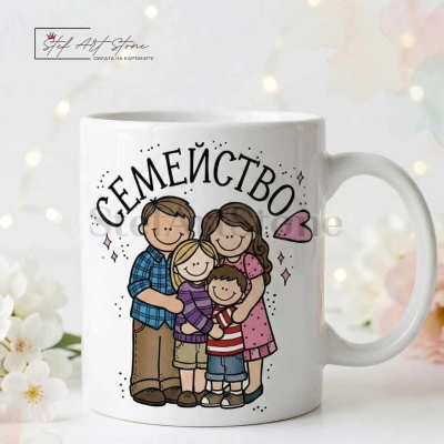 : Чаша за подарък за семейство с надпис и илюстрация с момиче и момче в подаръчна кутия